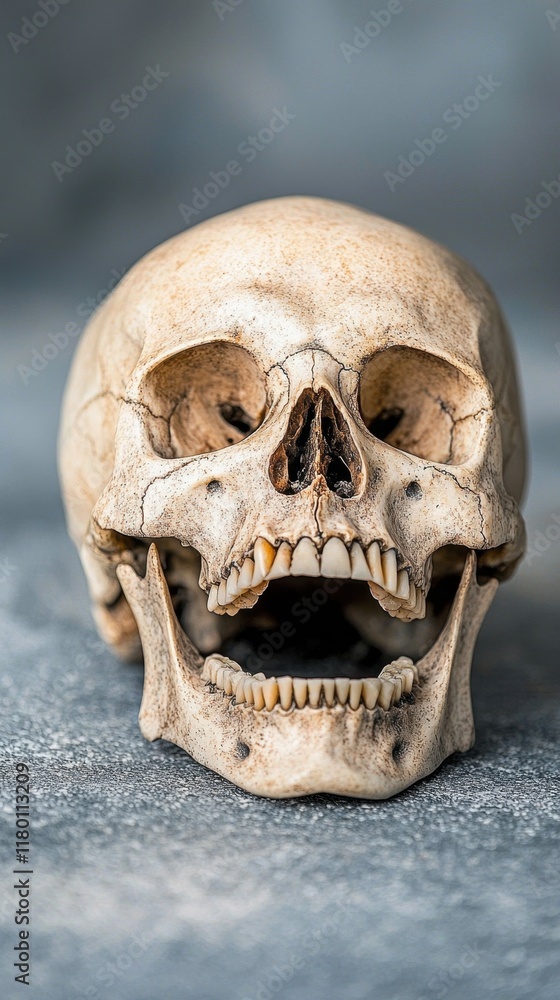 A human skull on a gray surface with a gray background A human skull on a gray surface with a gray background