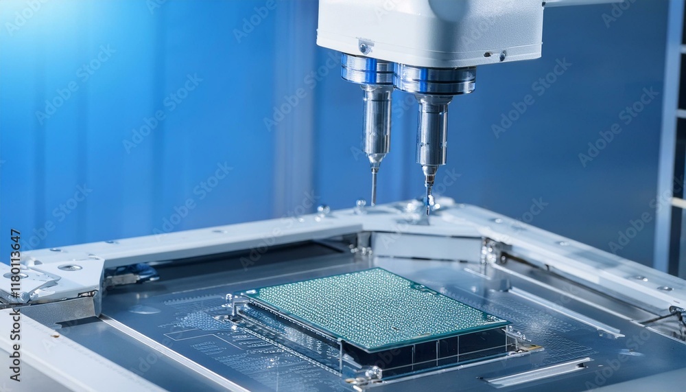 Precision robotic equipment assembles chips during the semiconductor packaging process, highlighting the transparent cover and glossy circuitry Precision robotic equipment assembles chips during the semiconductor packaging process, highlighting the transparent cover and glossy circuitry