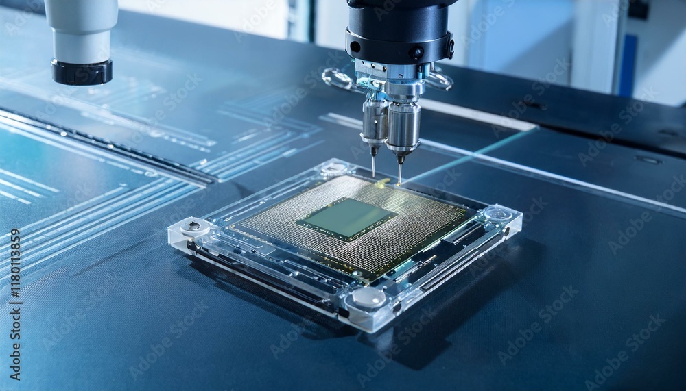Precision robotic equipment assembles chips during the semiconductor packaging process, highlighting the transparent cover and glossy circuitry Precision robotic equipment assembles chips during the semiconductor packaging process, highlighting the transparent cover and glossy circuitry
