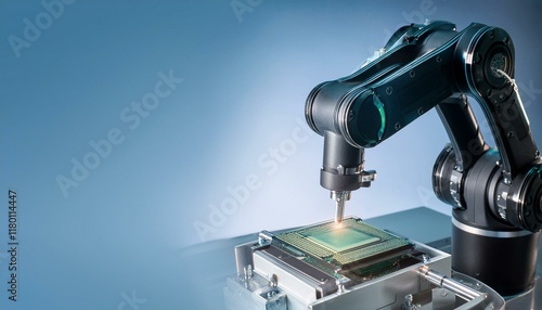 Precision robotic equipment assembles chips during the semiconductor packaging process, highlighting the transparent cover and glossy circuitry photo