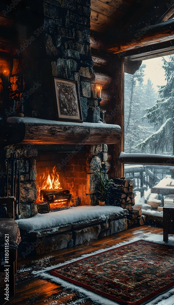 Cozy fireplace in a log cabin during a snowy day - Cozy fireplace in a log cabin during a snowy day -