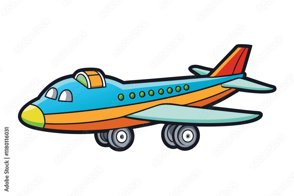 Cheerful and engaging airplane illustration with a playful style, bold outlines, and colorful design suitable for various creative uses Cheerful and engaging airplane illustration with a playful style, bold outlines, and colorful design suitable for various creative uses