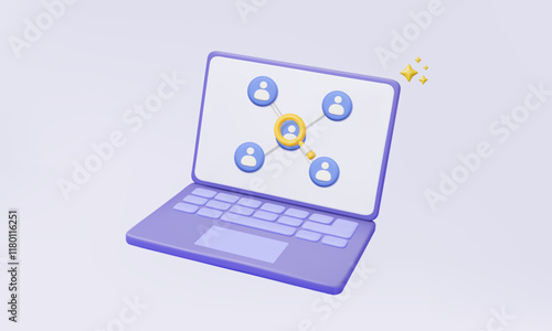 Purple computer laptop with yellow magnifier employment online human resources partnership select people performance best excellent concept interview people profile 3D vector illustration