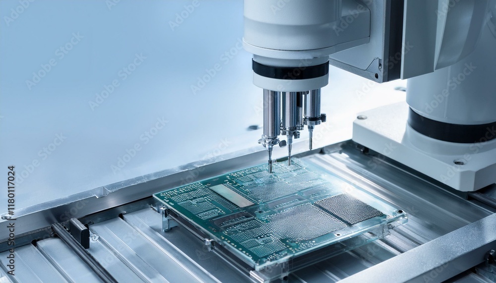 Precision robotic equipment assembles chips during the semiconductor packaging process, highlighting the transparent cover and glossy circuitry Precision robotic equipment assembles chips during the semiconductor packaging process, highlighting the transparent cover and glossy circuitry