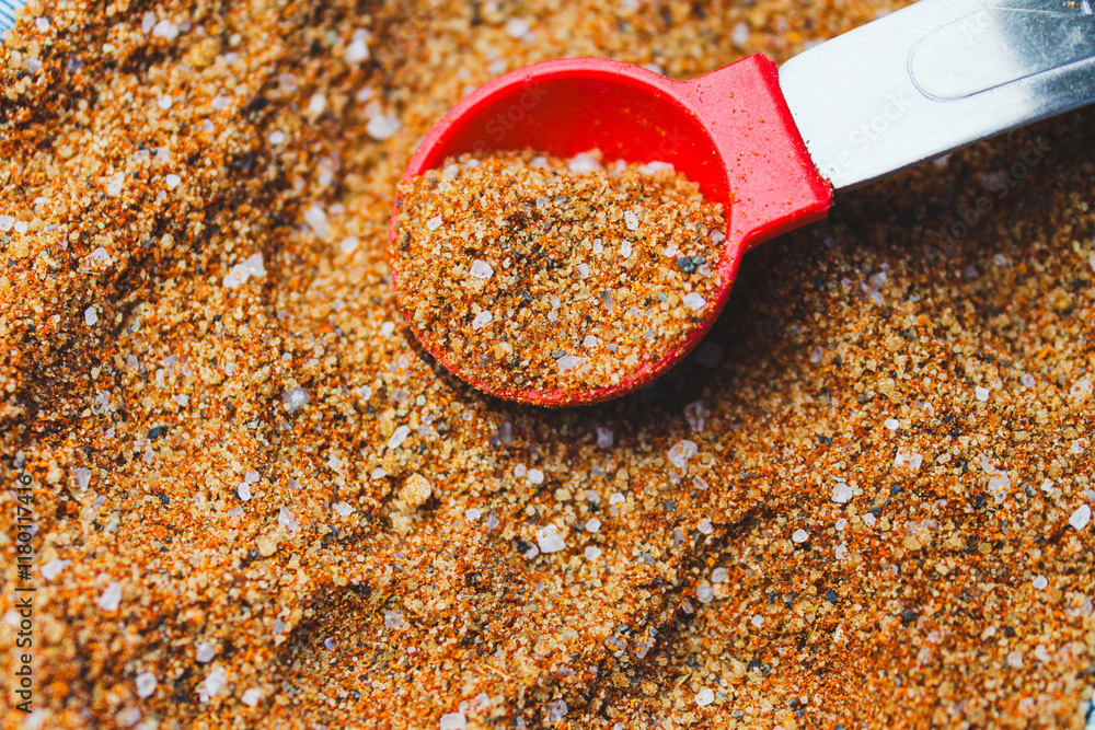 Αυτοκόλλητο macro close-up of spices paprika sea salt pepper cumin garlic powder rub for dis