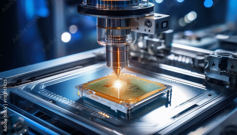 Precision robotic equipment assembles chips during the semiconductor packaging process, highlighting the transparent cover and glossy circuitry Precision robotic equipment assembles chips during the semiconductor packaging process, highlighting the transparent cover and glossy circuitry