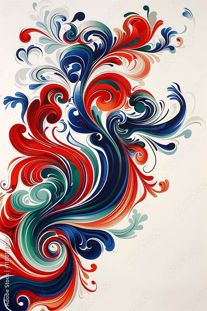 Energetic swirls of red, blue, and green creating a bold abstract design on a white background. Energetic swirls of red, blue, and green creating a bold abstract design on a white background.