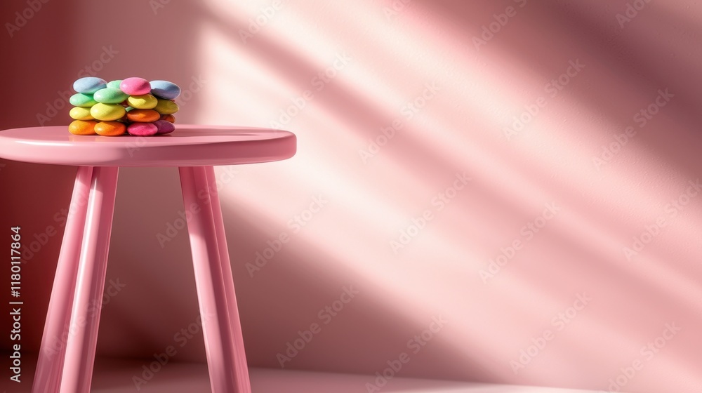 A pink stool with colorful candies on top of it A pink stool with colorful candies on top of it