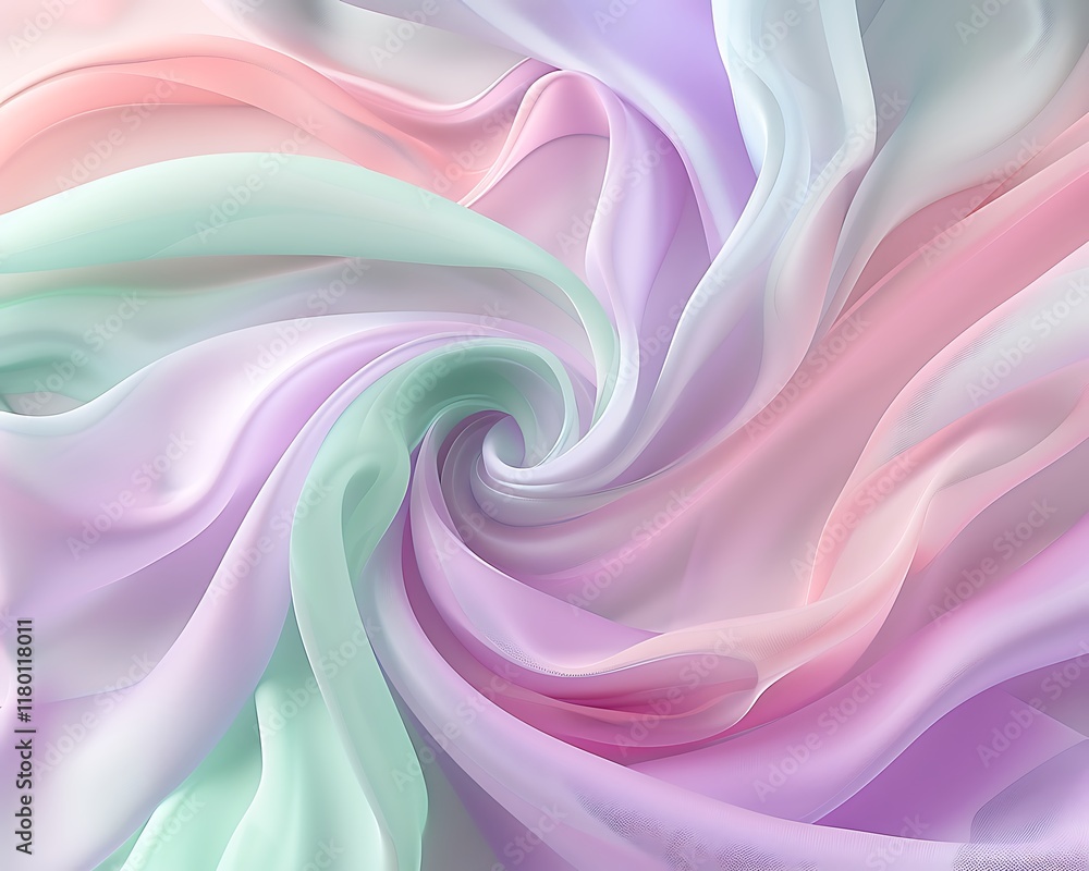 Fototapeta premium Gentle pastel swirls of lavender, pink, and mint green blending against a solid white backdrop.