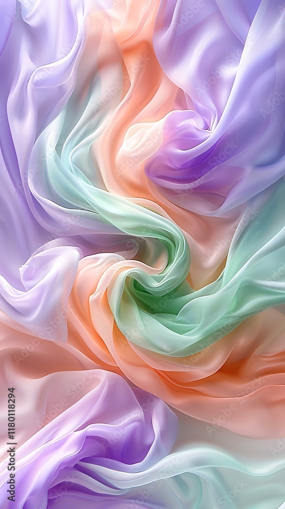 Obraz premium Gentle pastel swirls of lavender, mint green, and peach flowing on a solid white background.