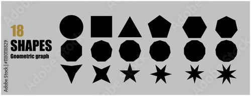 Collection of 18 Geometric Shapes Featuring Basic Polygons, Stars, and Unique Abstract Forms in Black Silhouettes on a Neutral Gray Background