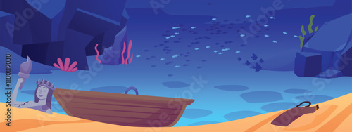 Sunken ancient city under water in sea or ocean, vector antique stone ruins, vase, statue, wreck boat and fishes