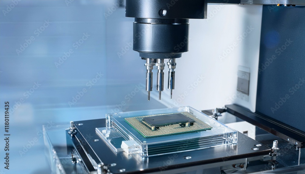 Precision robotic equipment assembles chips during the semiconductor packaging process, highlighting the transparent cover and glossy circuitry Precision robotic equipment assembles chips during the semiconductor packaging process, highlighting the transparent cover and glossy circuitry