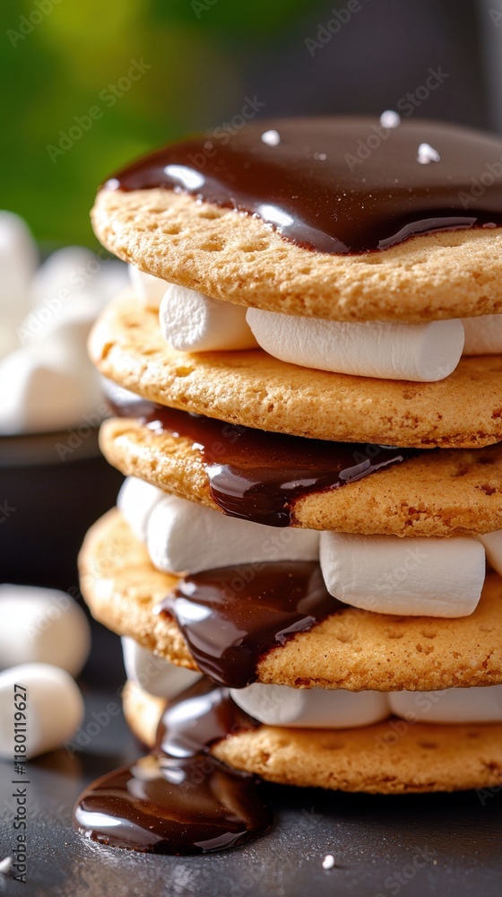 A stack of s'mores with chocolate sauce and marshmallows A stack of s'mores with chocolate sauce and marshmallows