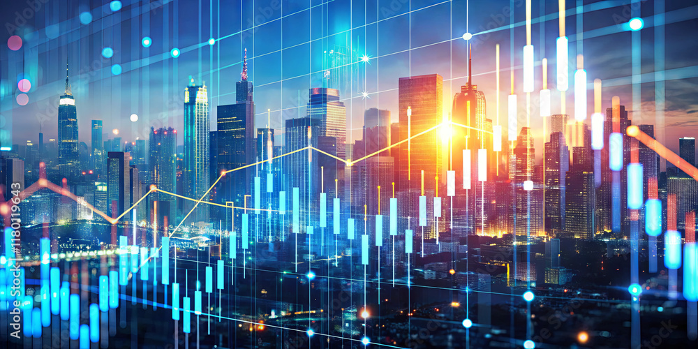 Fototapeta premium A vibrant city skyline showcases modern skyscrapers under a colorful sunset. Stock market graphs overlay the scene, depicting rising financial trends amidst urban life