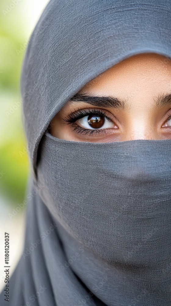 A woman wearing a gray veil covering her face A woman wearing a gray veil covering her face