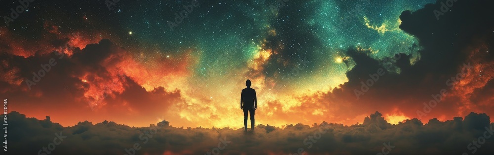 A cosmic adventure scene with a lone figure walking towards a vibrant galaxy of stars and nebulae. A cosmic adventure scene with a lone figure walking towards a vibrant galaxy of stars and nebulae.
