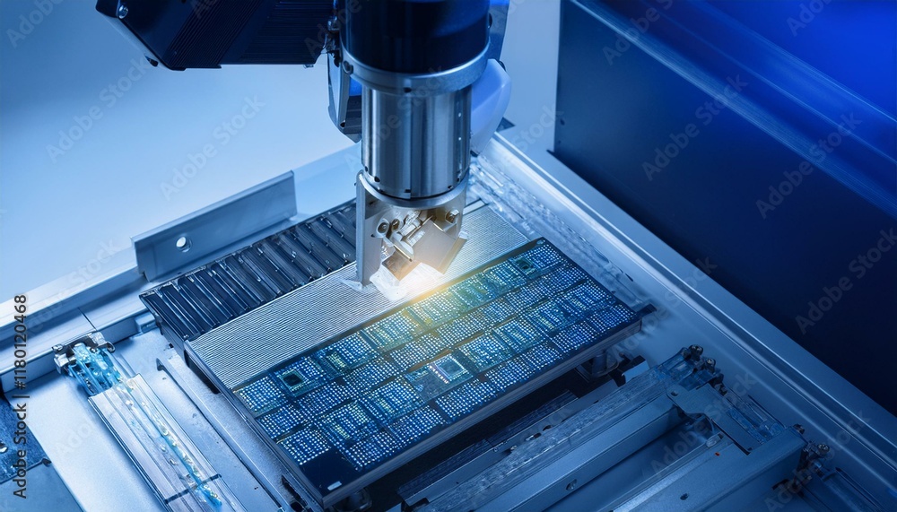Precision robotic equipment assembles chips during the semiconductor packaging process, highlighting the transparent cover and glossy circuitry Precision robotic equipment assembles chips during the semiconductor packaging process, highlighting the transparent cover and glossy circuitry