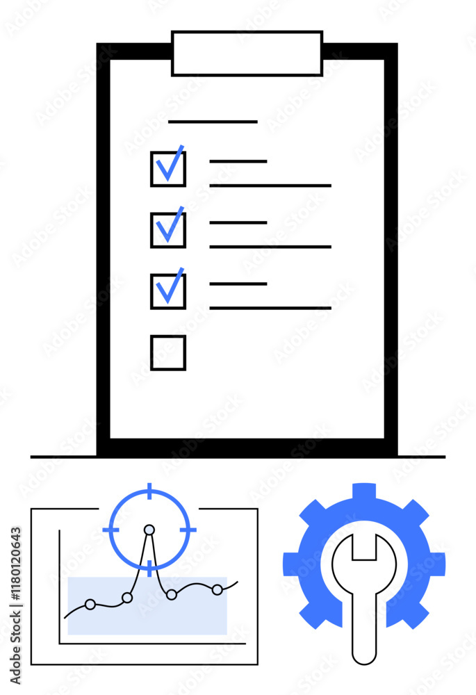 Task list on clipboard with checkboxes, line graph for data analytics, and gear for process optimization. Ideal for planning, productivity, analytics, teamwork, settings, management abstract line Task list on clipboard with checkboxes, line graph for data analytics, and gear for process optimization. Ideal for planning, productivity, analytics, teamwork, settings, management abstract line