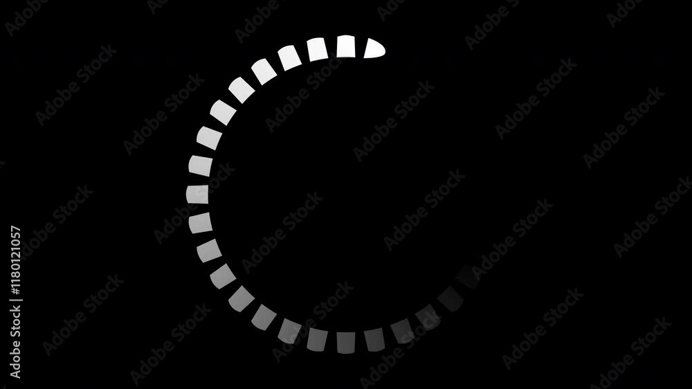 Loading animation of a rotating cargo wheel. Waiting to load. White circle of trapezoid segments rotates slowly on a black isolated background. Loading animation of a rotating cargo wheel. Waiting to load. White circle of trapezoid segments rotates slowly on a black isolated background.