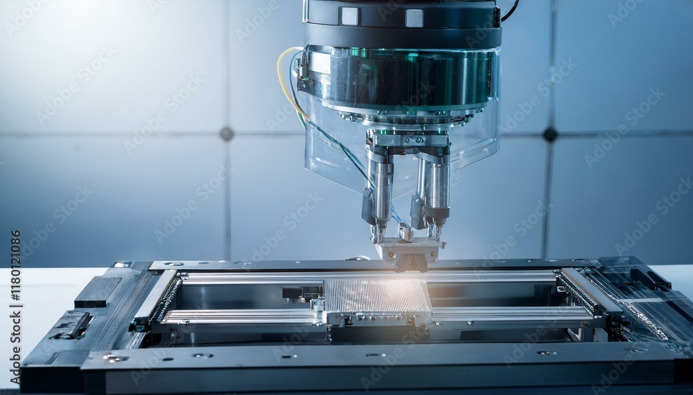 Precision robotic equipment assembles chips during the semiconductor packaging process, highlighting the transparent cover and glossy circuitry Precision robotic equipment assembles chips during the semiconductor packaging process, highlighting the transparent cover and glossy circuitry