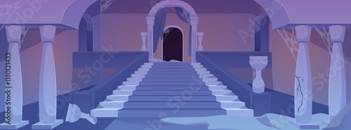 A vector image of a ruined ballroom with crumbling arches, cracked walls and cobwebs