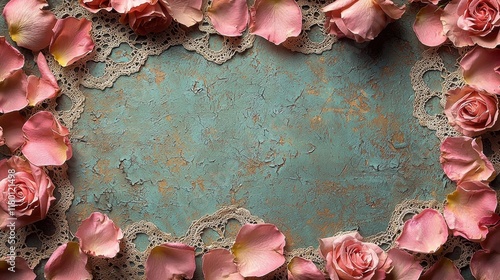 Romantic Rose Petals Frame: Pink rose petals and delicate lace create a charming frame on a rustic teal background, perfect for wedding invitations, Valentine's Day cards, or romantic themed projects.