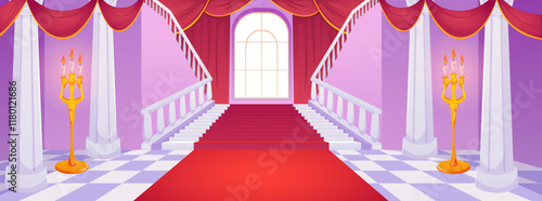 Vector image of palace interior with a large ballroom, red carpet and curtains, burning candlesticks,