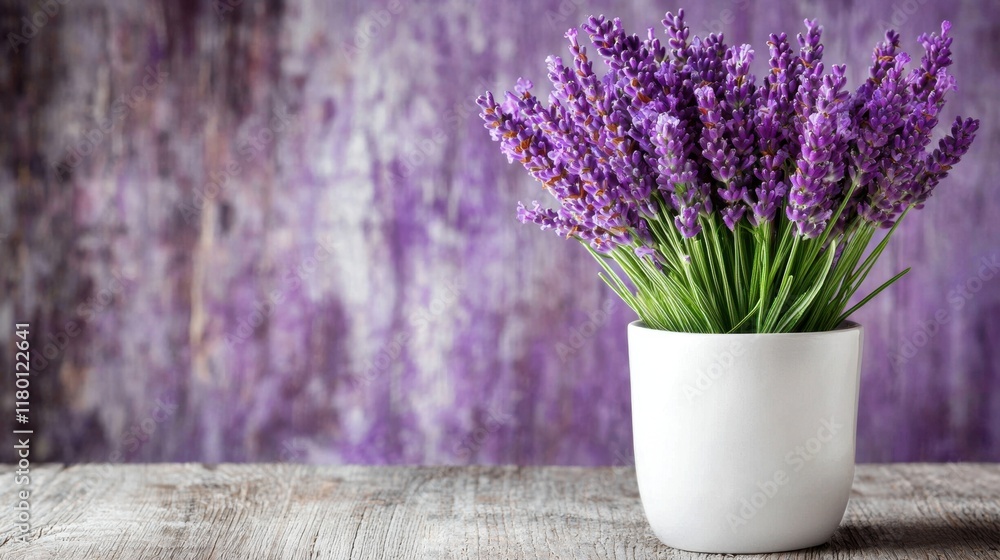 Fototapeta premium A white vase filled with purple flowers sitting on top of a wooden table