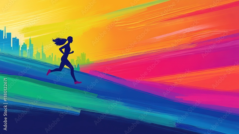 A woman runs down a hill, with a cityscape in the background A woman runs down a hill, with a cityscape in the background
