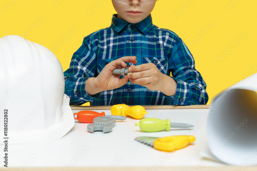 Crop image of little kid boy engineer or architect sitting at the work table with glasses on yellow background. Crop image of little kid boy engineer or architect sitting at the work table with glasses on yellow background.