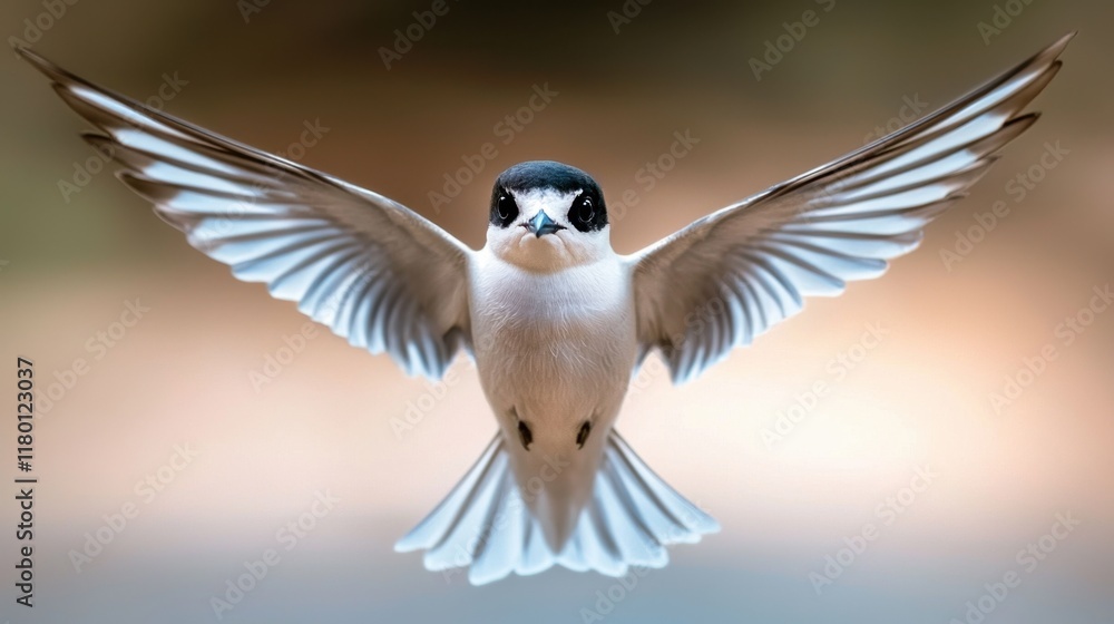 Naklejka premium A small bird flying through the air with its wings spread