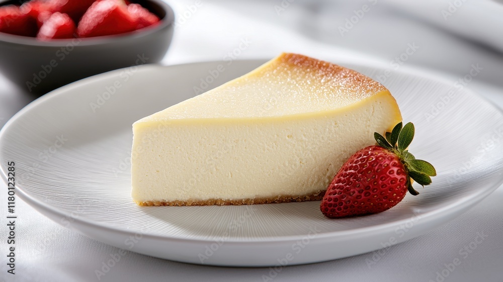 A slice of cheesecake on a plate with a strawberry on top A slice of cheesecake on a plate with a strawberry on top