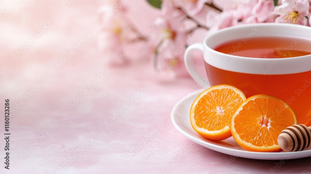 A cup of tea with orange slices and a honey dipper A cup of tea with orange slices and a honey dipper