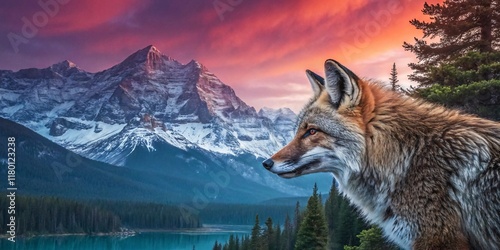 Majestic Wolf in Canadian Rockies at Sunset with Alpine Lake photo