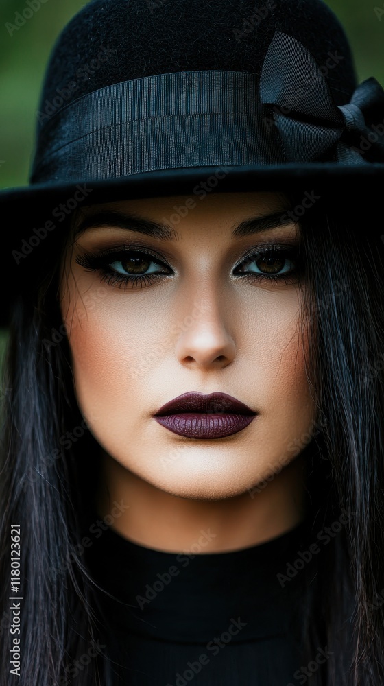 A woman with long black hair wearing a black hat A woman with long black hair wearing a black hat