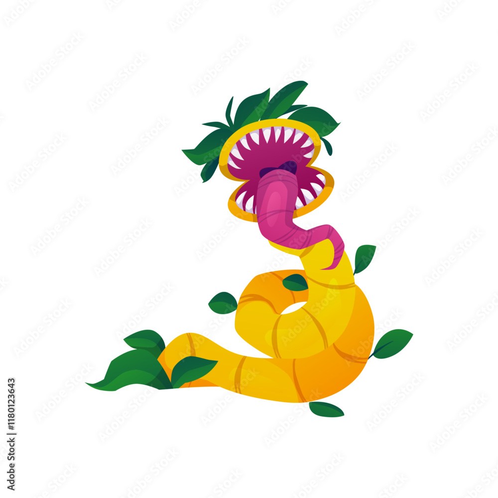 Fototapeta premium Vector illustration of a monster plant with sharp teeth and a long tongue