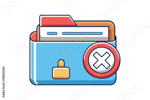 Digital folder icon with delete button, colorful vector art for data management, file deletion, and user interface design