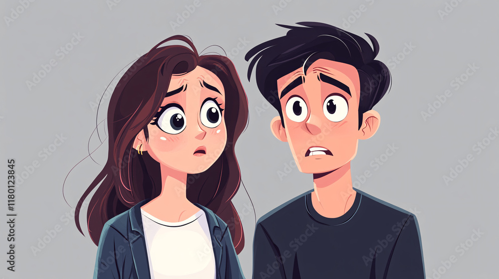 Cartoon-Style Illustration of a Couple Displaying Strong Worried Expressions, Highlighting Emotions, Relationships, and Human Connections Cartoon-Style Illustration of a Couple Displaying Strong Worried Expressions, Highlighting Emotions, Relationships, and Human Connections