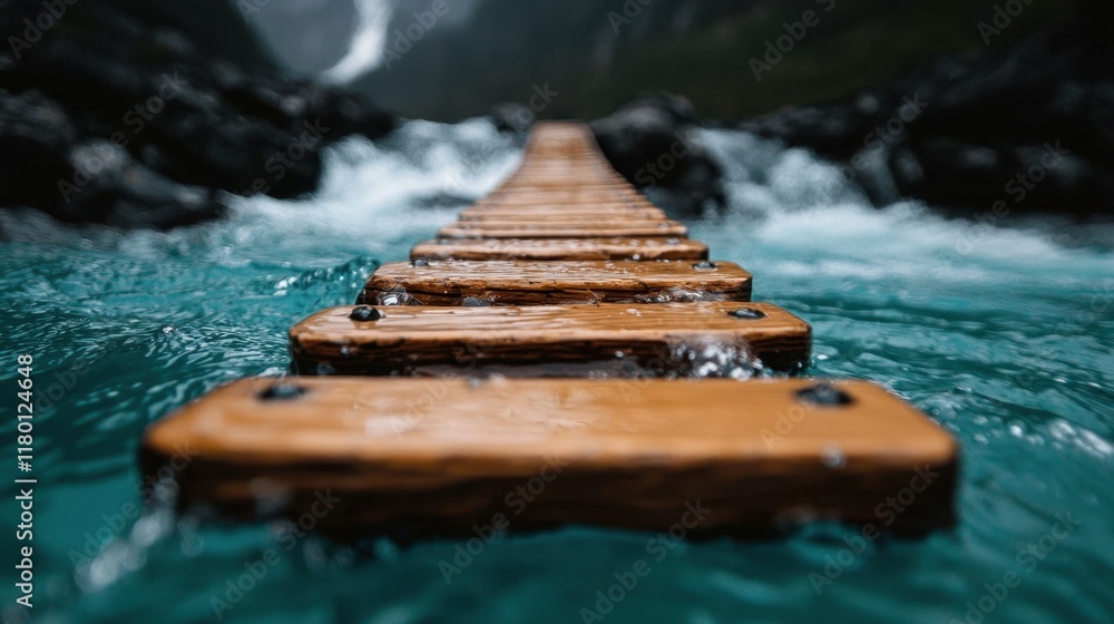 A wooden boardwalk in the middle of a body of water A wooden boardwalk in the middle of a body of water