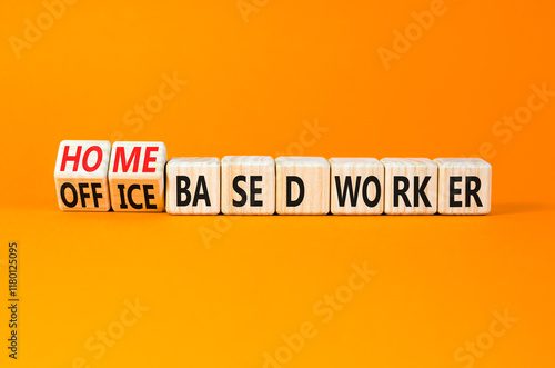 Home or office based worker symbol. Concept words Office based worker Home based worker on wooden cubes. Beautiful orange background. Business, home or office based worker concept. Copy space. photo