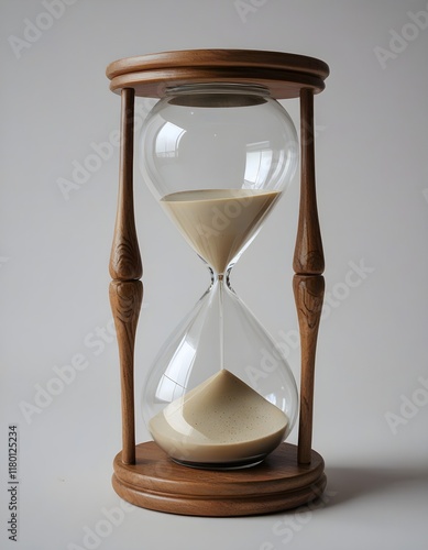 An elegant hourglass with a wooden base and stand. Sand trickles through the clear glass, symbolizing the passage of time.