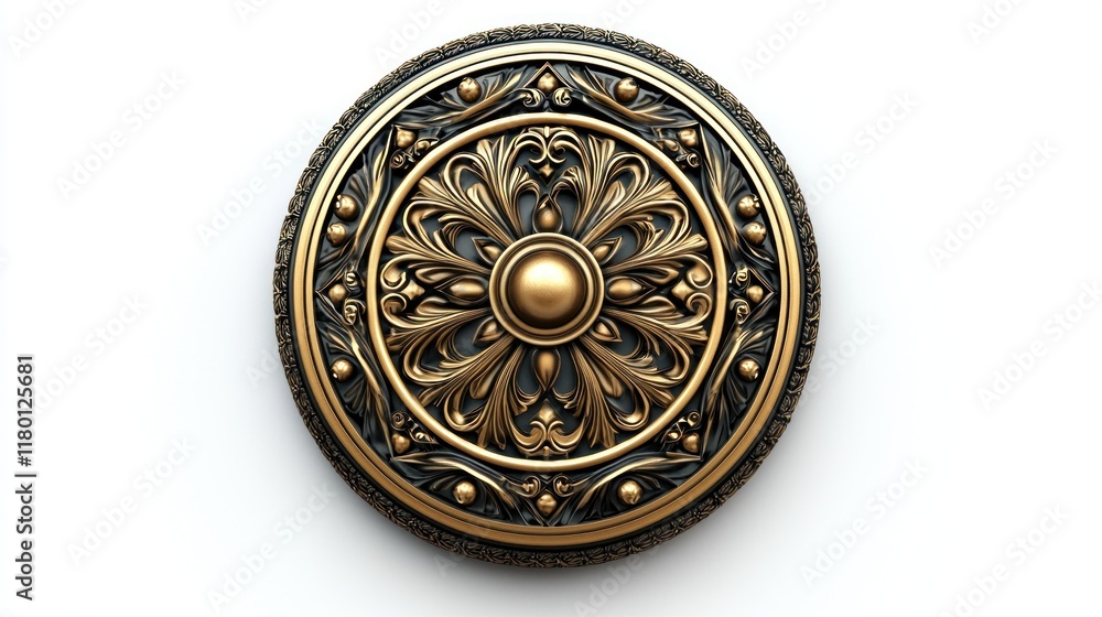 An intricate golden shield design for fantasy art studio 3d close-up An intricate golden shield design for fantasy art studio 3d close-up