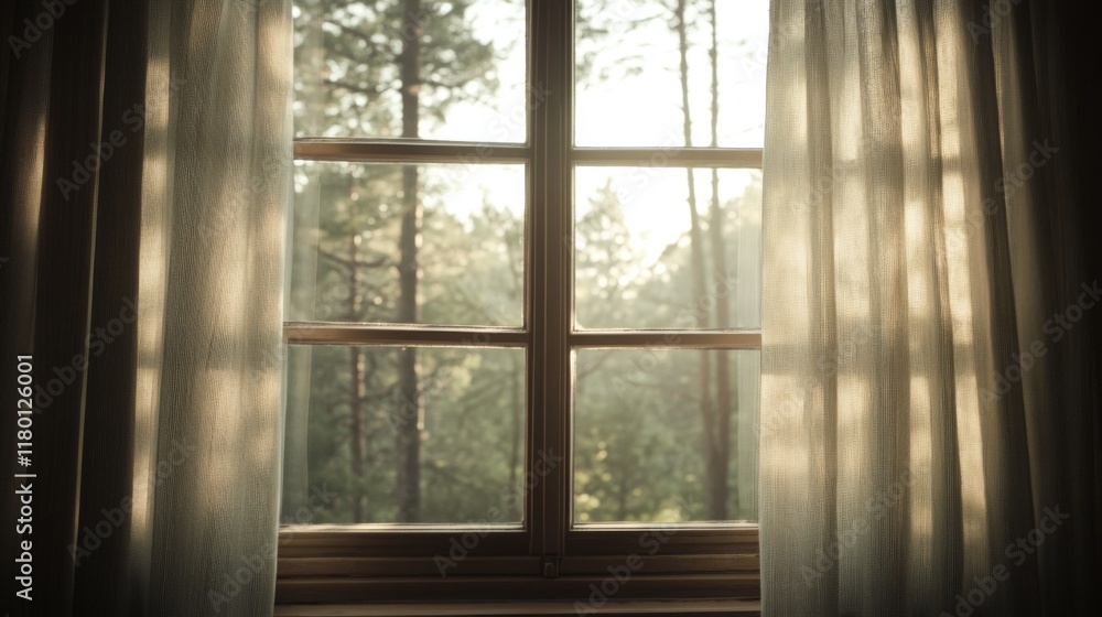 Fototapeta premium Sunlit window with sheer curtains, overlooking a pine forest.