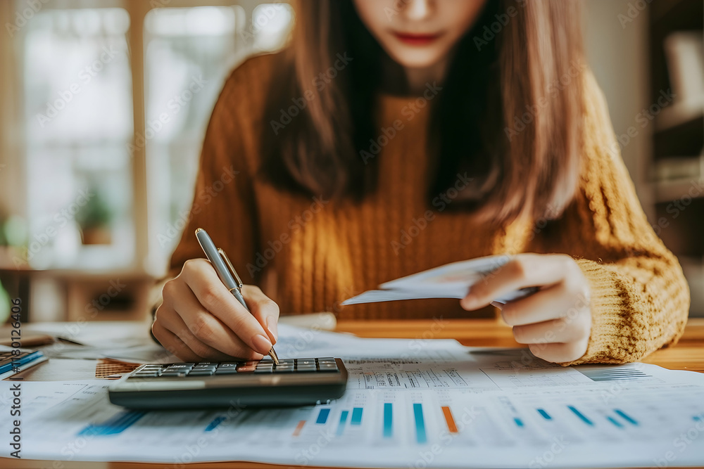 Woman calculating house loan interest and reviewing documents for financial planning Woman calculating house loan interest and reviewing documents for financial planning