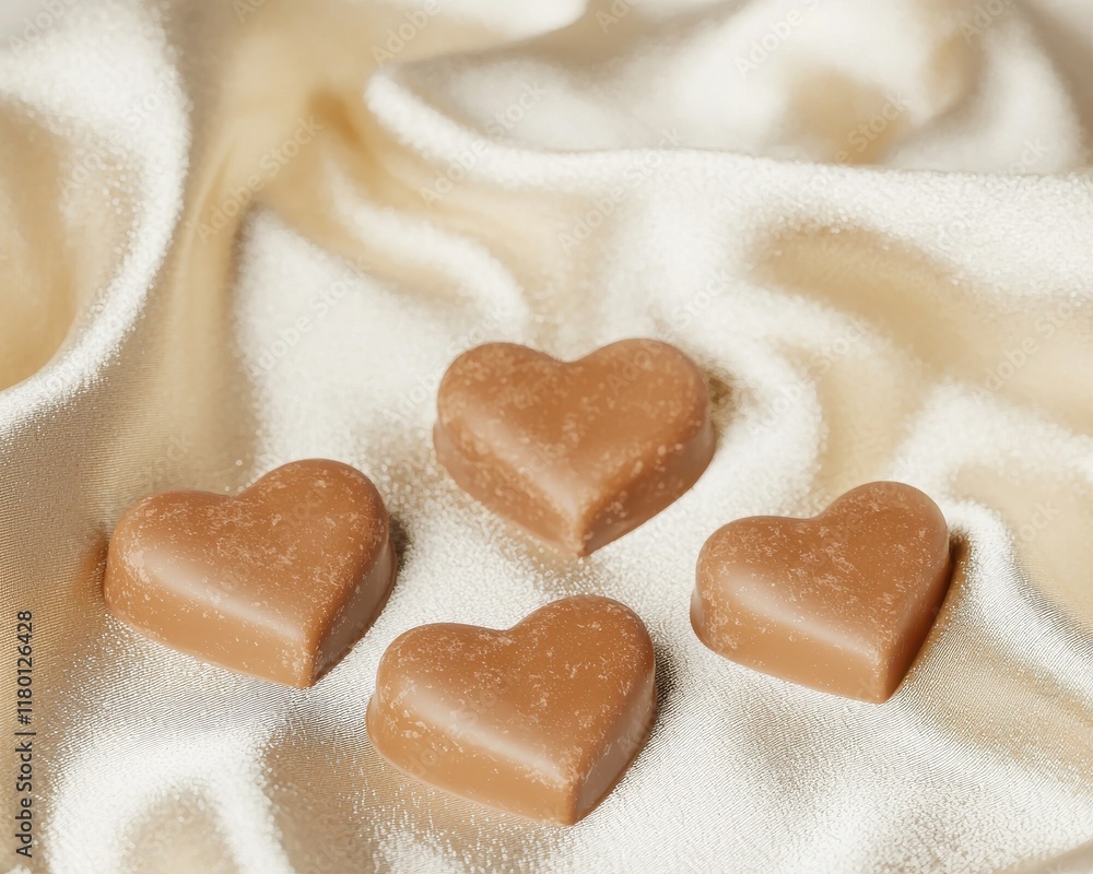 Obraz premium Valentine heart-shaped chocolate pieces on silk fabric romantic gift idea soft lighting sweet treats for lovers