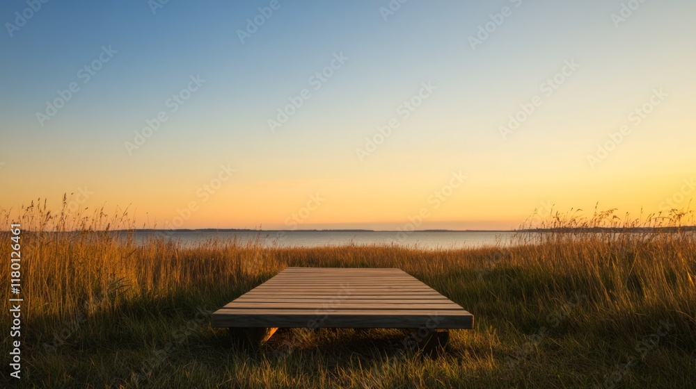Sunset view from wooden platform in grassy field. Sunset view from wooden platform in grassy field.