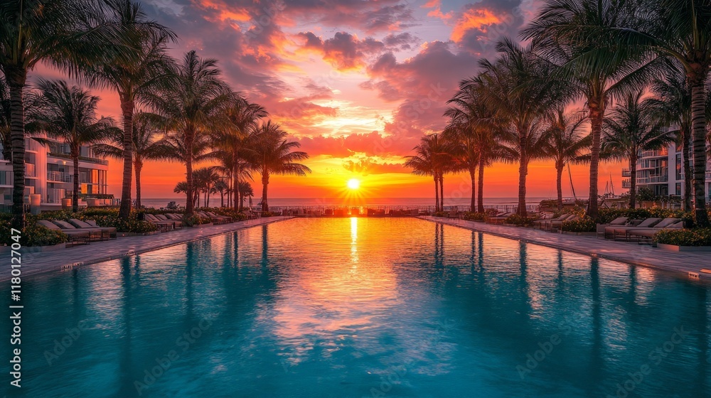 Fototapeta premium A vibrant Miami bay sunrise scene with sparkling water and warm hues, evoking tranquility and tropical elegance, perfect for travel promotions.