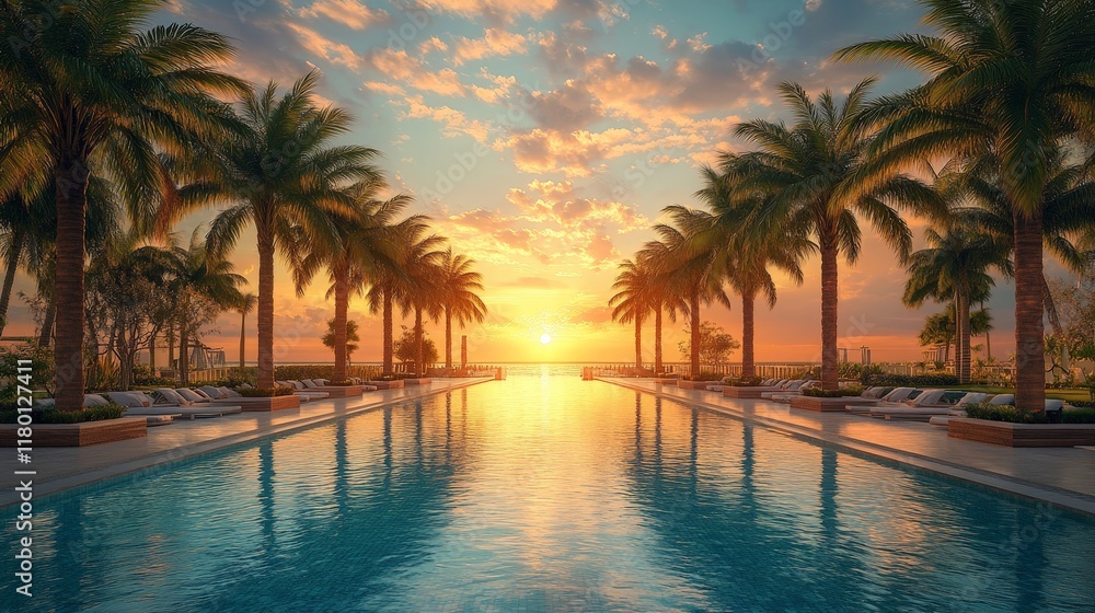 Obraz premium A vibrant Miami bay sunrise scene with sparkling water and warm hues, evoking tranquility and tropical elegance, perfect for travel promotions.
