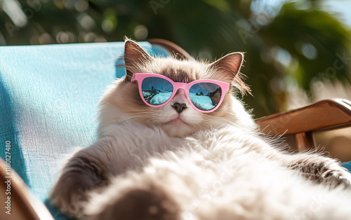 Fluffy Cat Relaxing on a Deck Chair Wearing Sunglasses, Enjoying a Sunny Summer Day, Perfect for Themes of Humor, Pets, and Outdoor Leisure photo